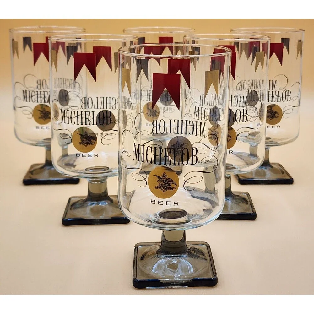 Set Of Six (6) Vintage Michelob Beer Glasses Square Footed Stem Base